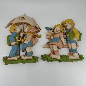 Vintage 1970s Kids Umbrella Wall Plaques - Pair of Colorful Nursery Decor MCM